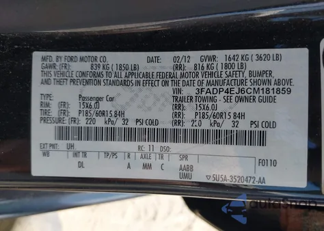 2012 Ford Fiesta Se from USA, damaged, VIN 3FADP4EJ6CM181859